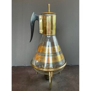 Vintage Pyrex Coffee Carafe Gold Stripes MCM Brass Warming Stand Bakelite Handle
